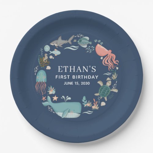 Modern Under the Sea 1st Birthday Blue Watercolor Paper Plates