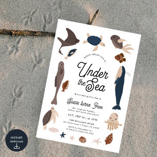 Modern Under the Sea 5th Birthday Invitation