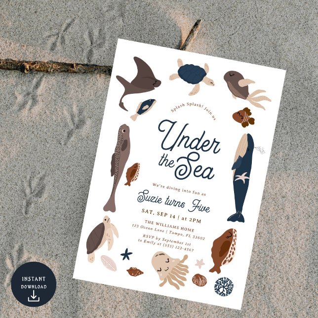 Modern Under the Sea 5th Birthday Invitation (Creator Uploaded)