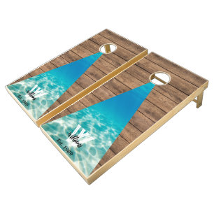 Modern Under the sea Rustic Wood Tone Monogram Cornhole Set