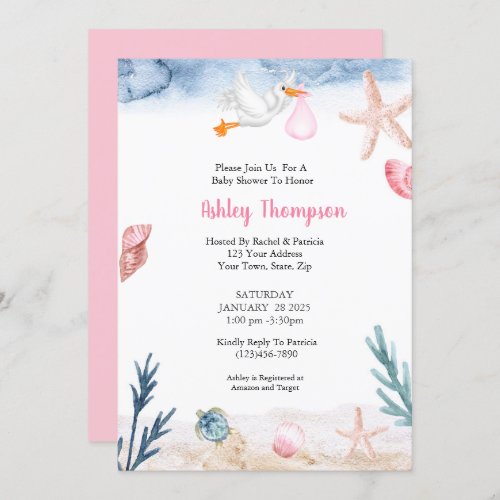 Modern Under the Sea Stork Pink  Invitation