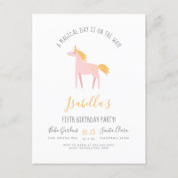 Modern Unicorn & Faux Gold Rainbow Birthday Party Invitation Postcard