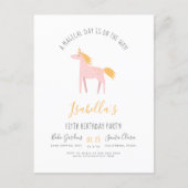 Modern Unicorn & Faux Gold Rainbow Birthday Party Invitation Postcard (Front)