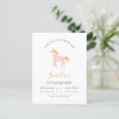 Modern Unicorn & Faux Gold Rainbow Birthday Party Invitation Postcard (Standing Front)