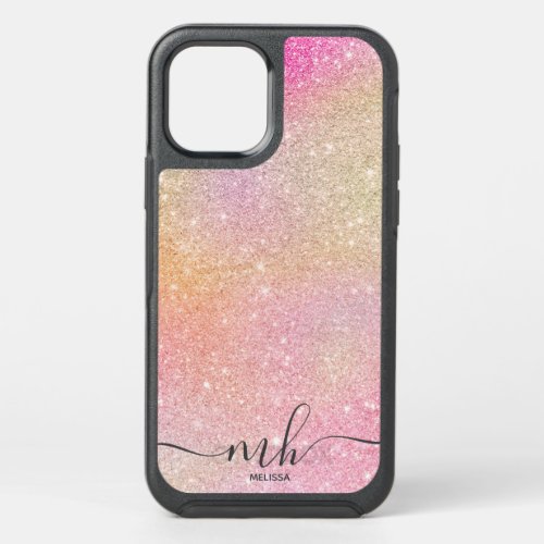 Modern unicorn glitter holographic chic monogram OtterBox symmetry iPhone 12 case