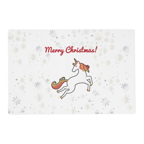 Modern Unicorn Glitter Snowflakes Merry Christmas Placemat