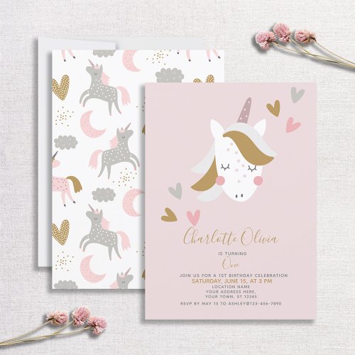 Modern Unicorn Muted Pink 1st Birthday Invitation