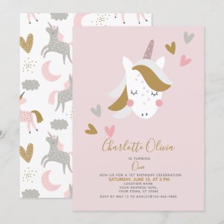 Modern Unicorn Muted Pink 1st Birthday Invitation