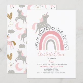Modern Unicorn Rainbow Muted Pink 1st Birthday Invitation