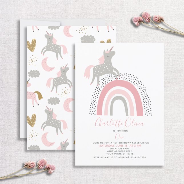 Modern Unicorn Rainbow Muted Pink 1st Birthday Invitation (Creator Uploaded)