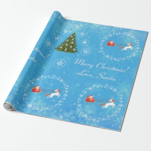 Modern Unicorn Santa Snow Merry Xmas Trees Blue Wrapping Paper