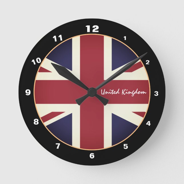 Modern Union Jack Flag, Vintage British, UK Round Clock (Front)
