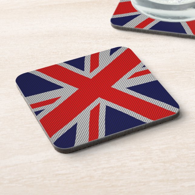 Modern Union Jack on Carbon Fiber Style Print Beverage Coaster (Left Side)