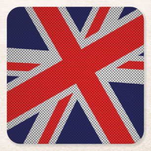 Modern Union Jack on Carbon Fiber Style Print Square Paper Coaster