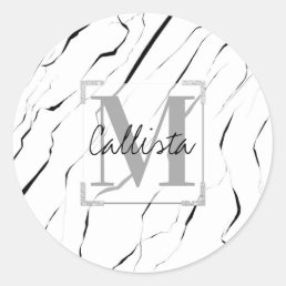 Modern Unique Black White Marble Monogram Classic Round Sticker