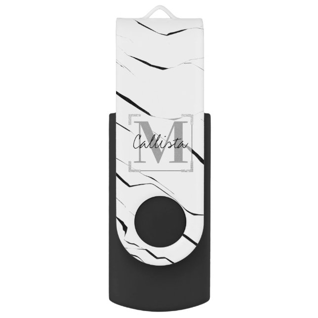 Modern Unique Black White Marble Monogram Flash Drive (Front Vertical)