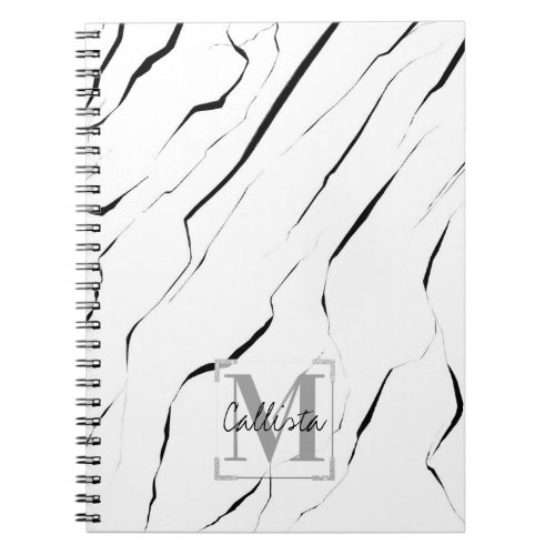Modern Unique Black White Marble Monogram Notebook