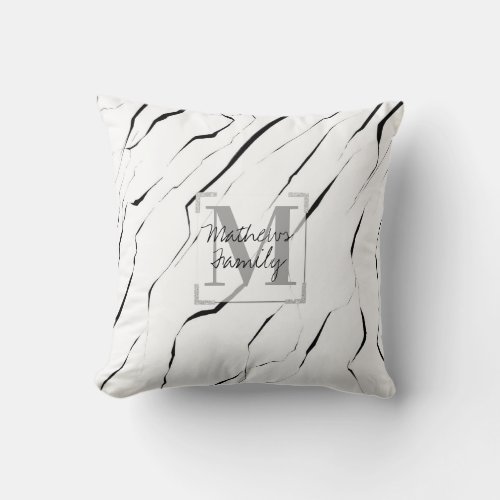 Modern Unique Black White Marble Monogram Throw Pillow