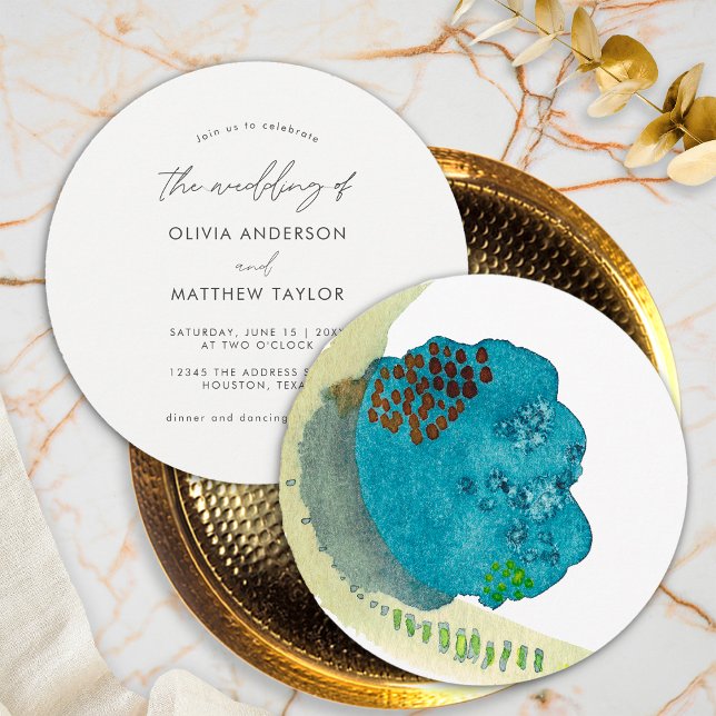 Modern Unique Blue Elegant Watercolor Wedding Invitation (Front/Back)