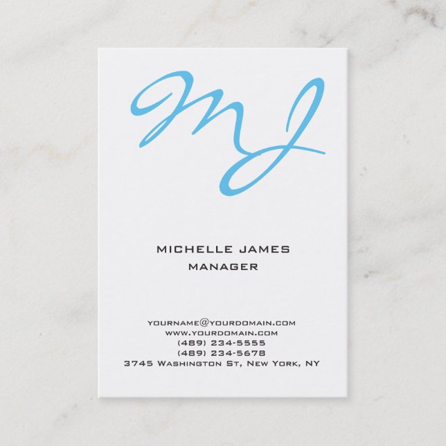Modern unique blue white professional monogram business card (Front)