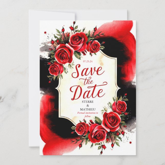 Modern Unique Crimson Red Roses Wedding Save The Date (Front)