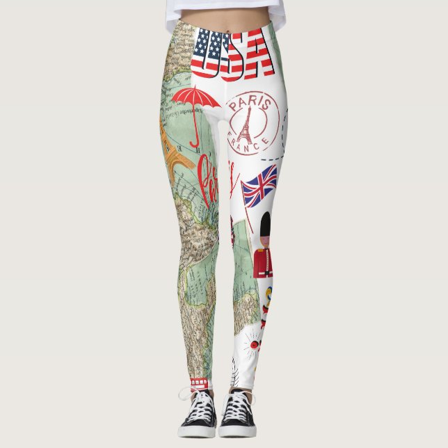 Modern Unique design World maps USA Traveler Leggings (Front)