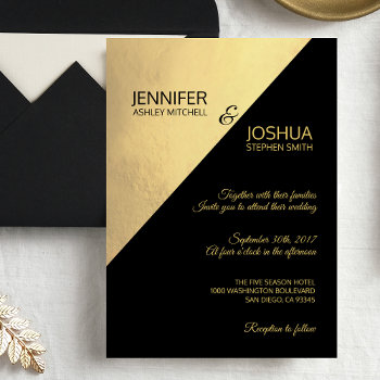 Modern Unique Elegant Black Faux Gold Foil Wedding Invitation by UniqueWeddingShop at Zazzle