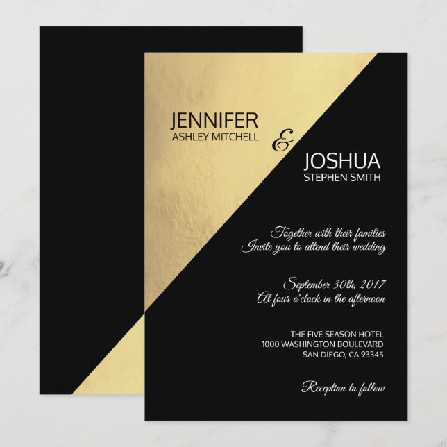 Modern Unique Elegant Black & Gold Foil Wedding Invitation (Front/Back)