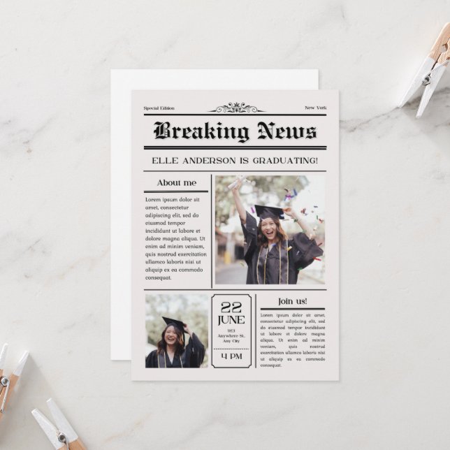 Modern Unique Fun Photo Newspaper Graduation  Invitation (Front/Back In Situ)