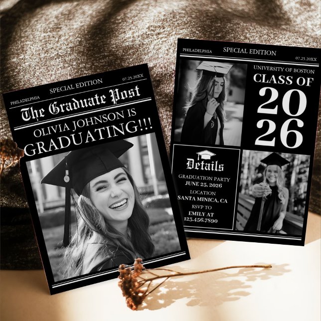 Modern Unique Fun Photo Newspaper Graduation Invitation (Creator Uploaded)