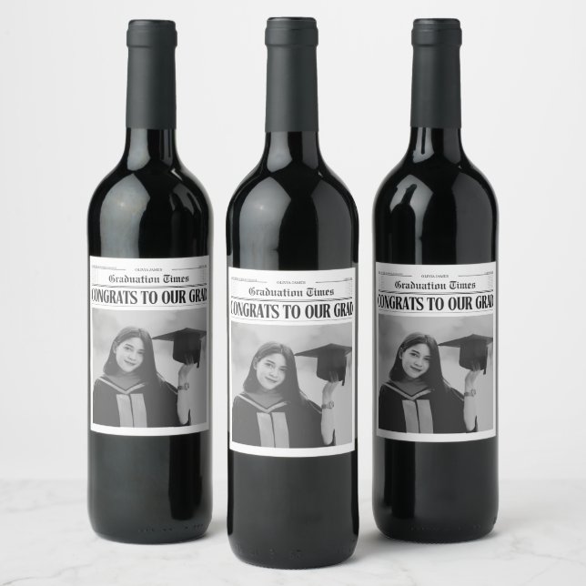 Modern unique funny photo newspaper graduation wine label (Bottles)