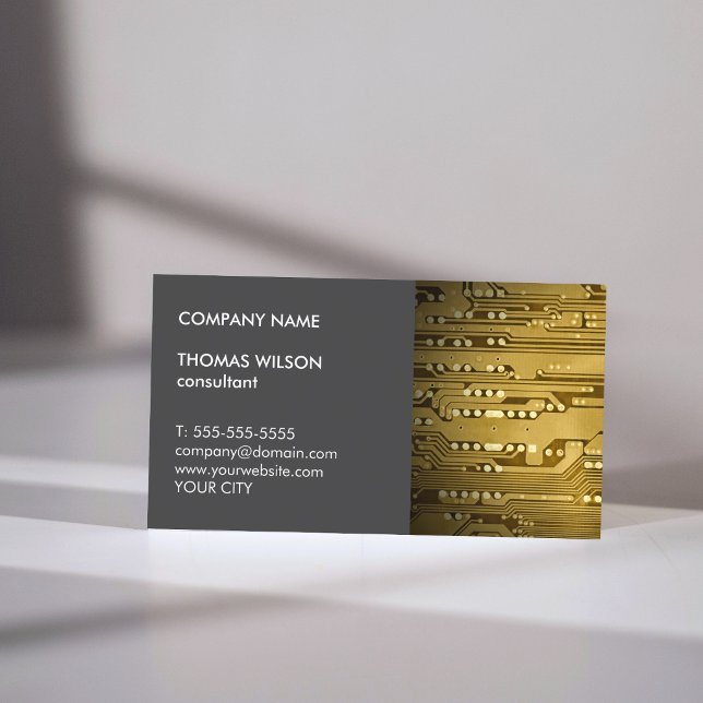 Modern Unique Grey Golden Circuit Board Consultant Business Card (Creator Uploaded)
