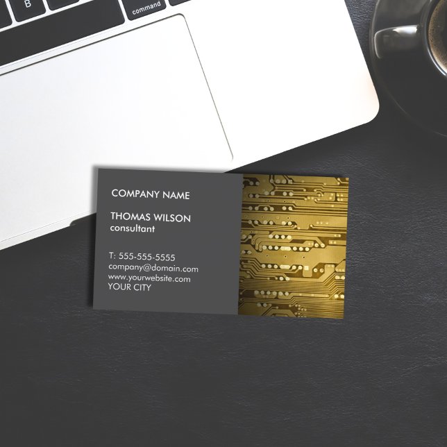 Modern Unique Grey Golden Circuit Board Consultant Business Card (Creator Uploaded)