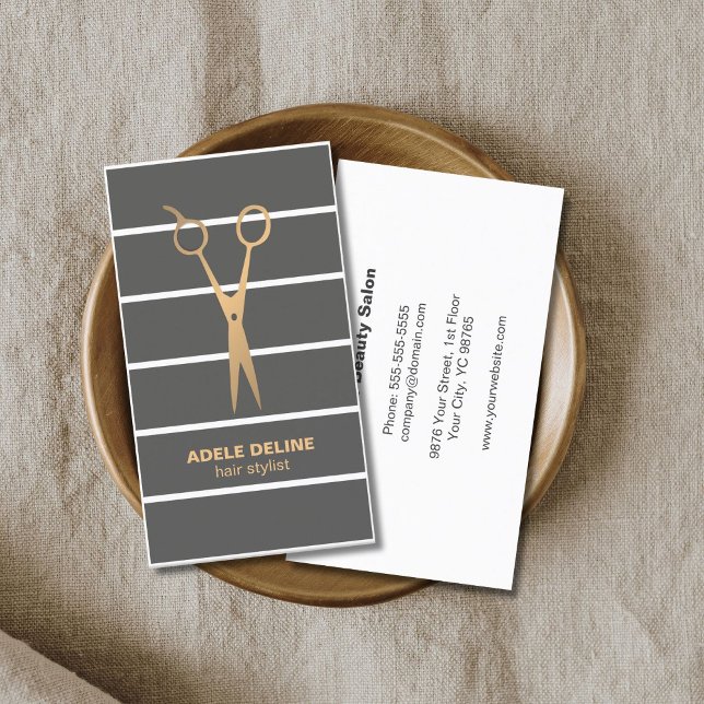 Modern Unique Grey Stripes Copper Scissor Hair Business Card (Creator Uploaded)