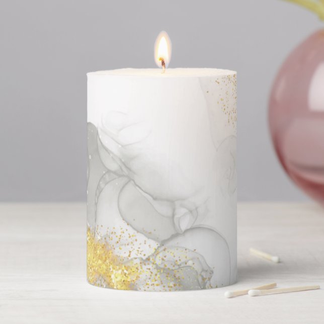 Modern Unique Grey White Gold Glitter Agate Marble Pillar Candle (In Situ)