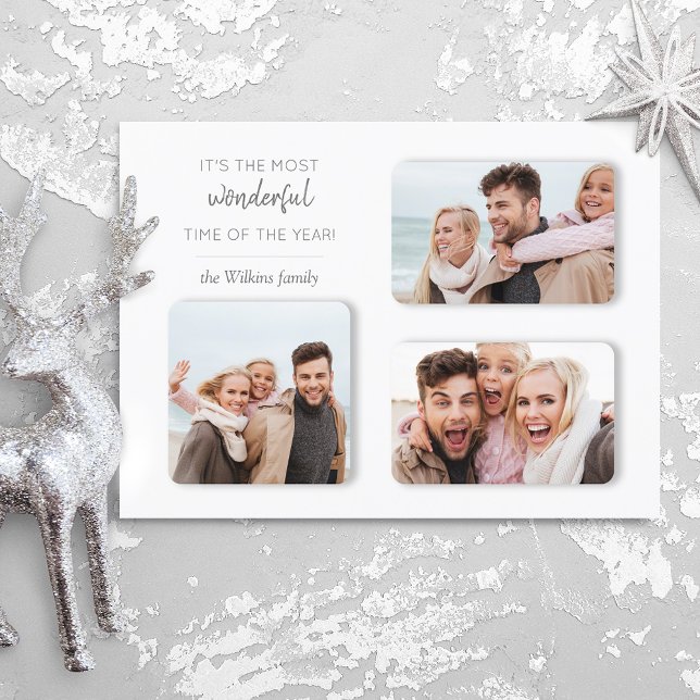 Modern Unique Holiday 3-Photo Dimensional Grid Postcard (Creator Uploaded)