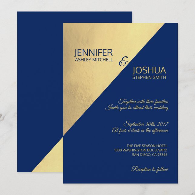 Modern Unique Navy Blue & Gold Foil Wedding Invitation (Front/Back)