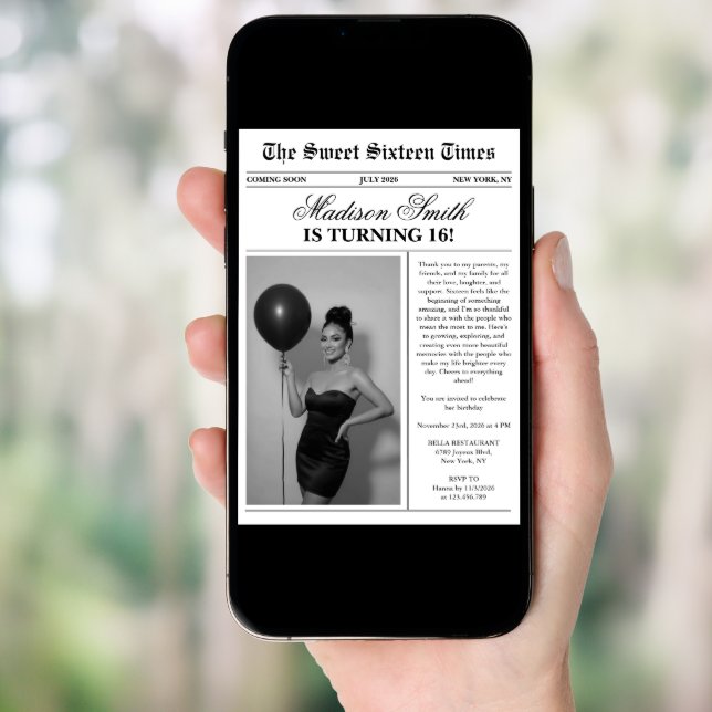 Modern Unique Newspaper Photo Sweet 16 Invitation (Front Digital)