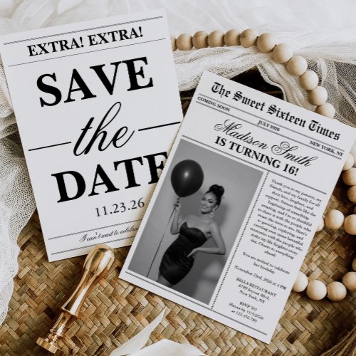 Modern Unique Newspaper Photo Sweet 16 Invitation