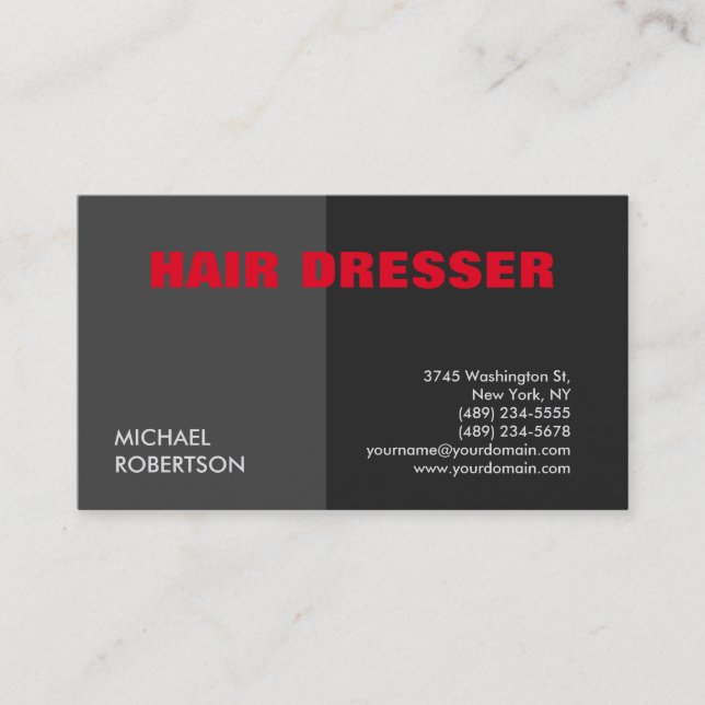 Modern Unique Red Gray Hair Dressser Business Card (Front)
