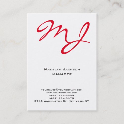 Modern unique red white professional monogram business card