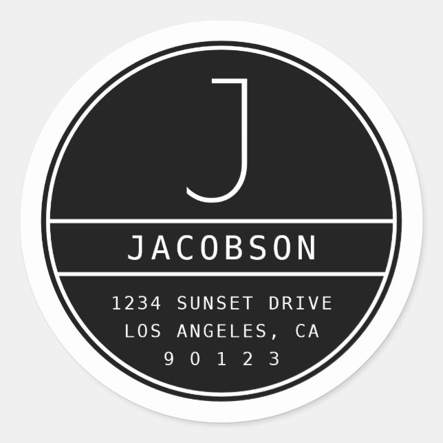 Modern Unique Return Address & Monogram Classic Round Sticker (Front)