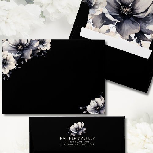 Modern Unique Trendy Elegant Black Floral Wedding Envelope