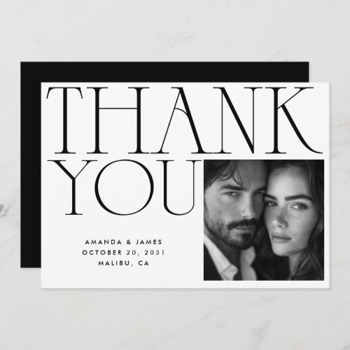 Modern Unique Typography Black White Photo Wedding Thank You Card