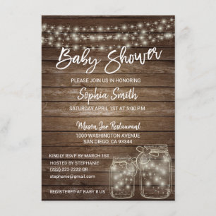 Modern Unique Wood Rustic Mason Jar Baby Shower Invitation