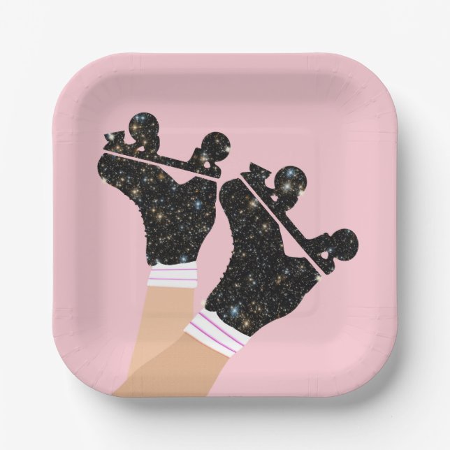 Modern Universe Roller Skates Derby Pink Party Paper Plates (Front)