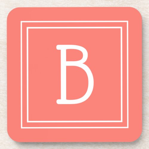 Modern Updated Monogrammed Coral  White Initial Beverage Coaster