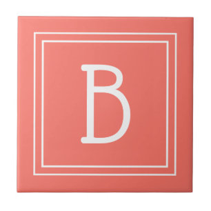 Modern Updated Monogrammed Coral & White Initial Ceramic Tile