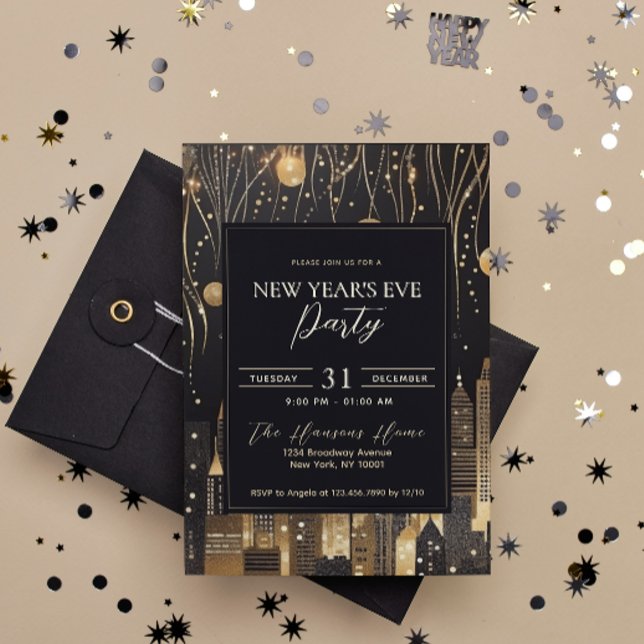 Modern Urban Black & Gold New Year's Eve Party Invitation (Creator Uploaded)