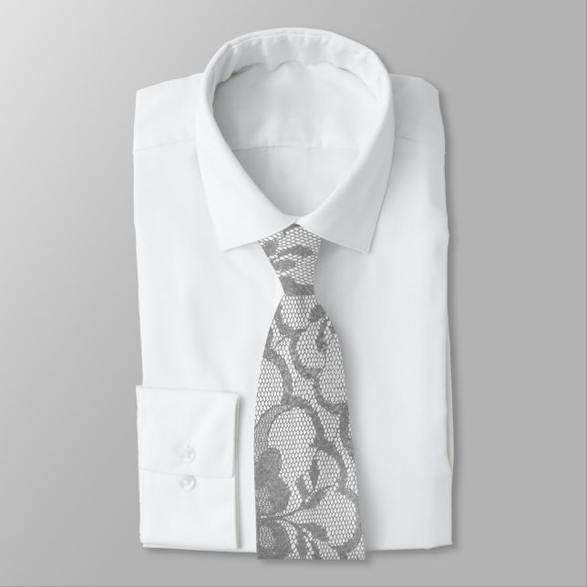 Modern Urban Gray Silver White Lace Tie (Tied)